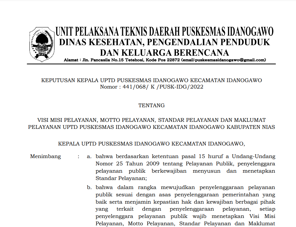 Dasar Hukum Atas Standar Pelayanan Yang Diterapkan